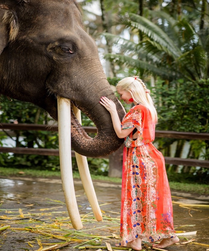 Photo: An elephant with long tusks stands before a white woman with blond hair in a colorful dress; the woman rests her hands and forehead peacefully on its trunk.