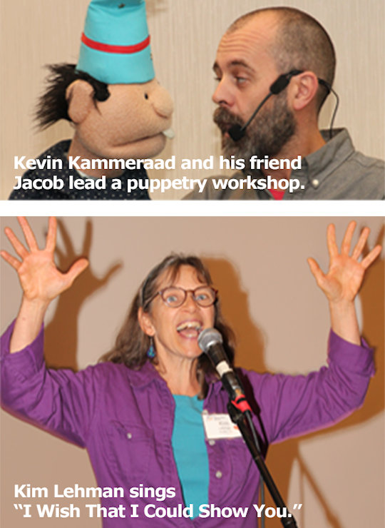 Photos: Kevin Kammeraad and his friend Jacob lead a puppetry workshop, and Kim Lehman sings 'I Wish That I Could Show You'.